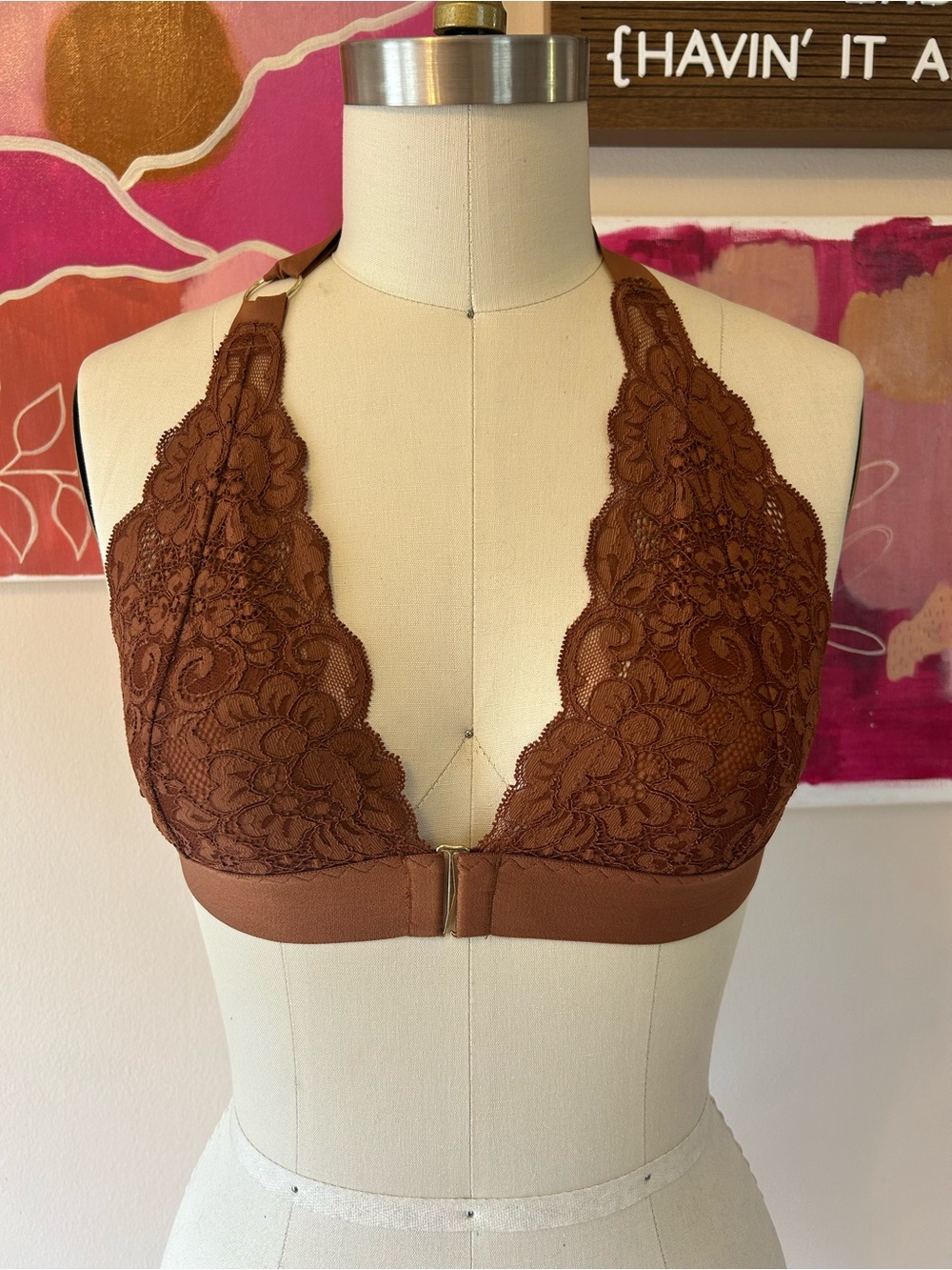 Lace Halter Bralette in Chestnut Brown